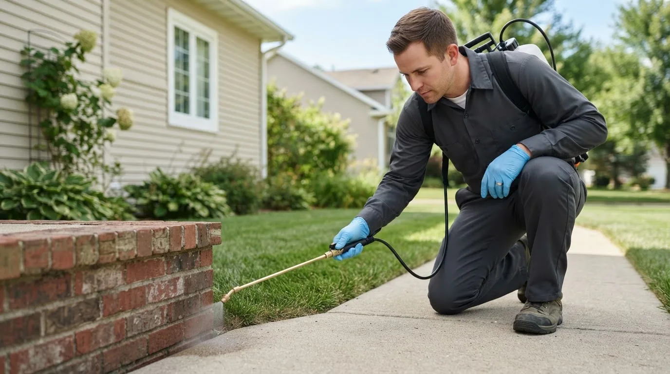 Pest control technician treating a home near Gracemont, OK