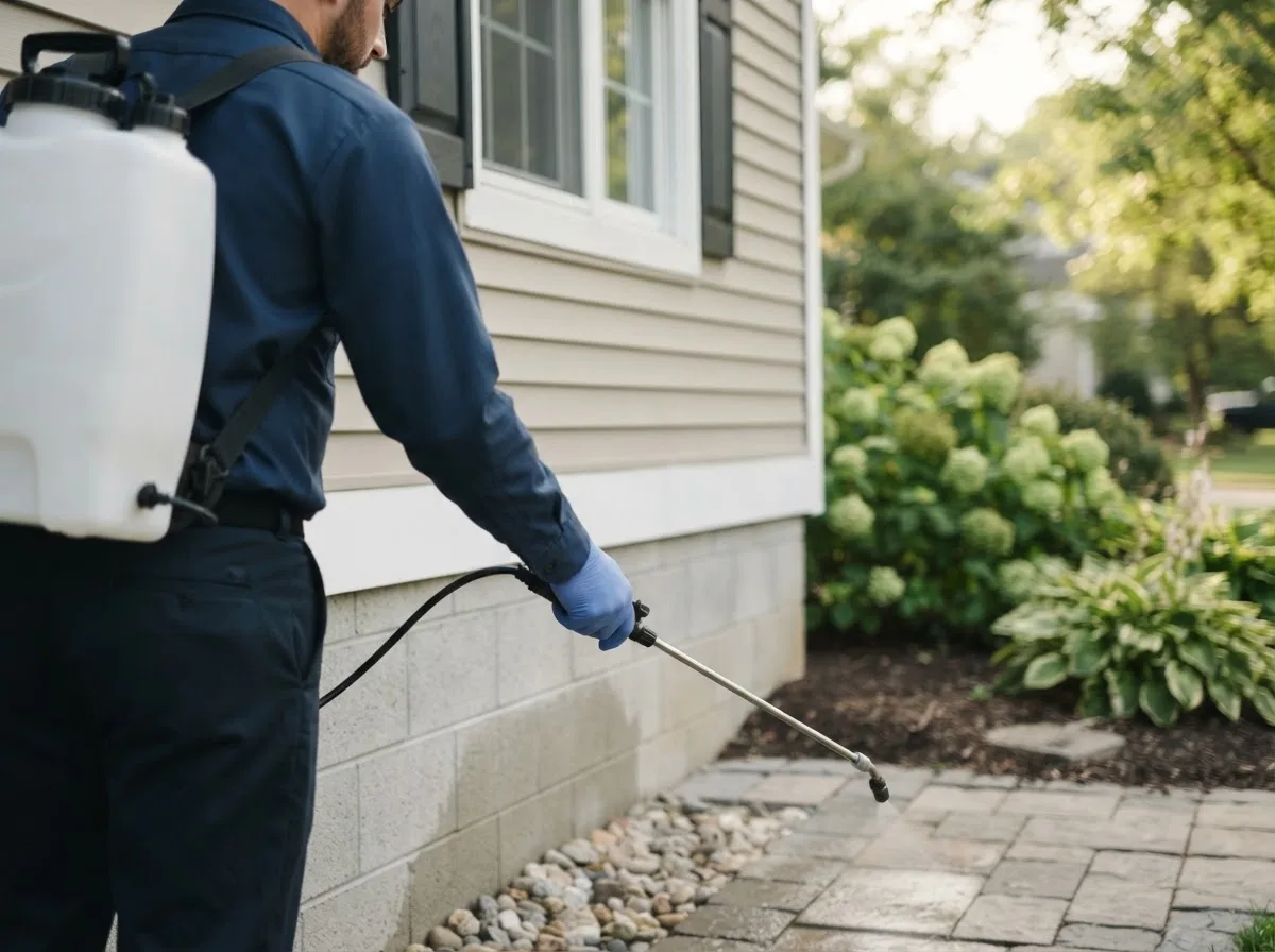 Pest control technician inspecting a home in Gracemont, OK